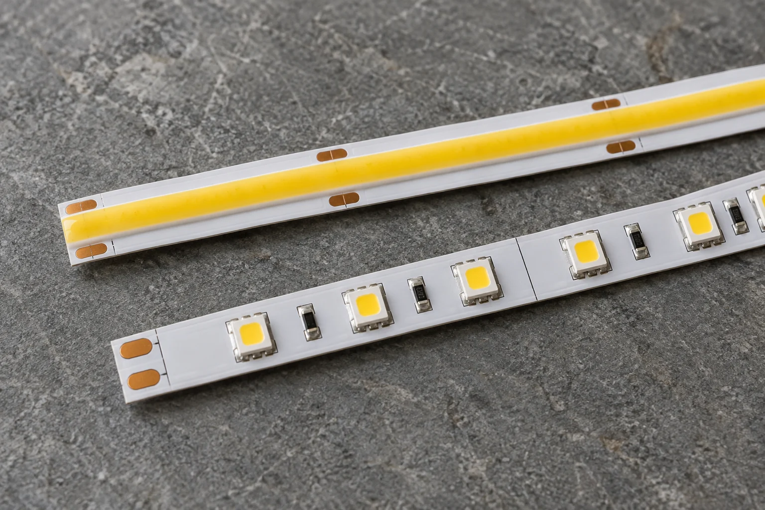 Две LED-ленты: непрерывная поверхность COB и отдельные компоненты SMD